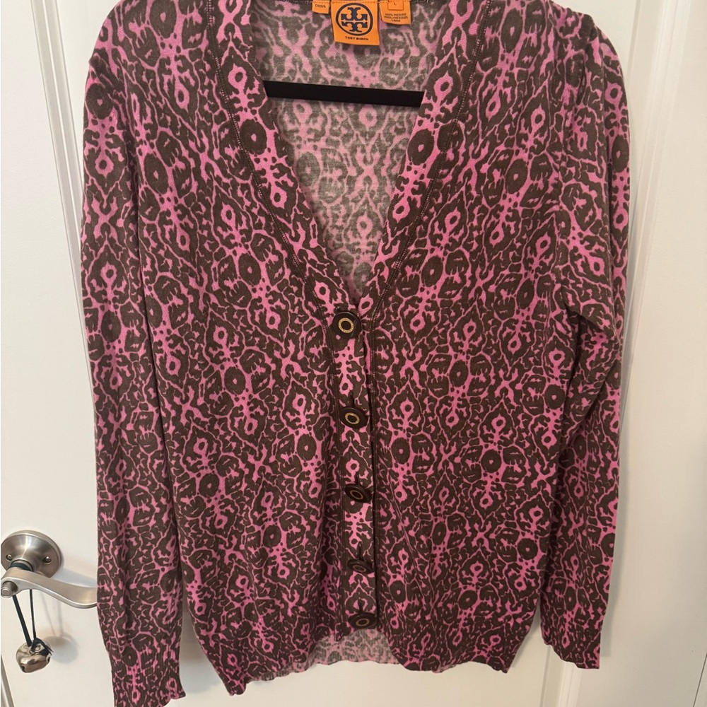 Women’s Tory Burch Pink and Brown Cardigan Sweater, L